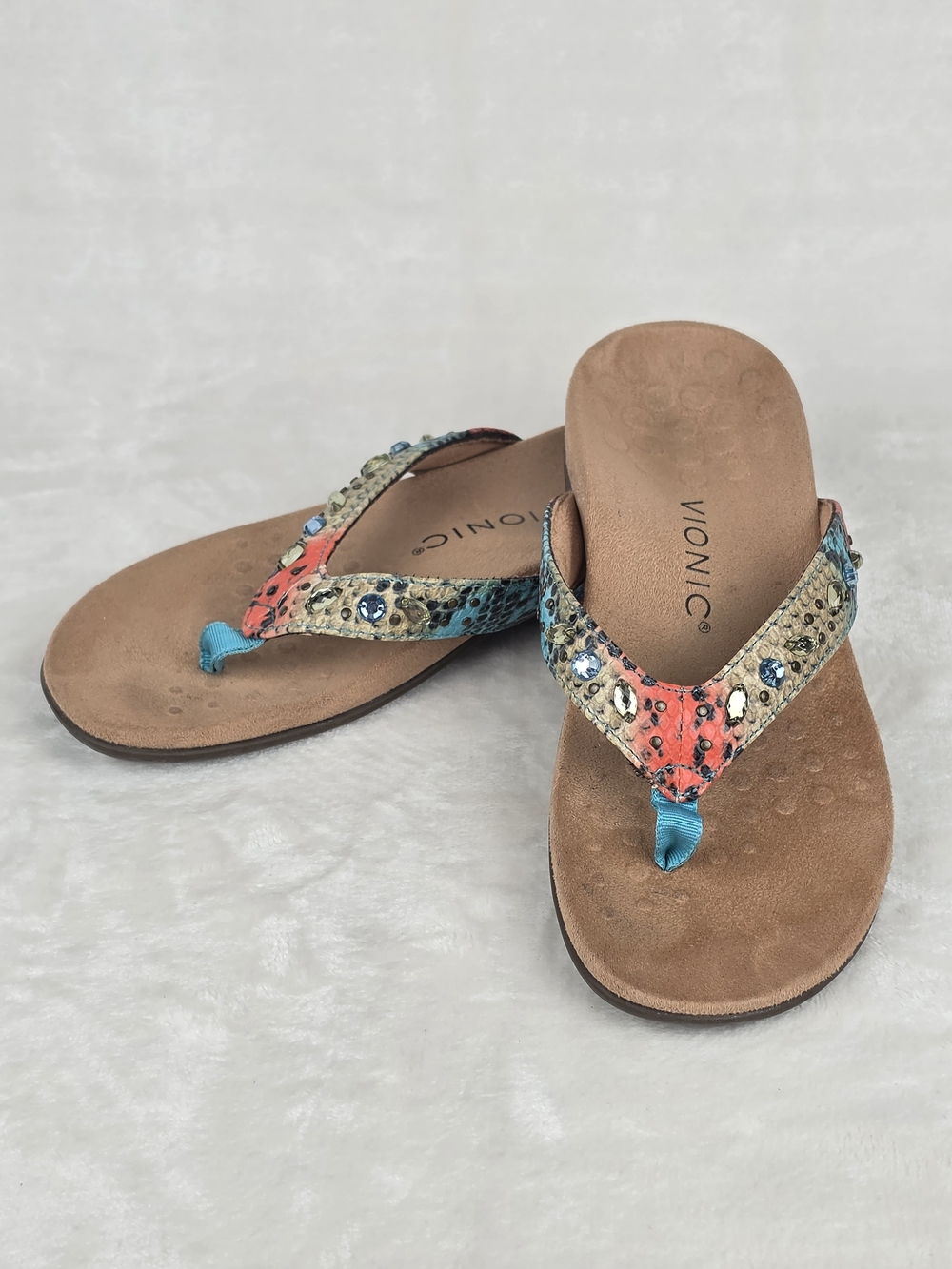 Vionic Lucia Snake Print Thong Sandals Womens 6 Multicolor Embellished